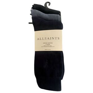 AllSaints Adan Ramskull 3-Pack Crew Socks Men’s 7–13, Cotton Stretch, Navy